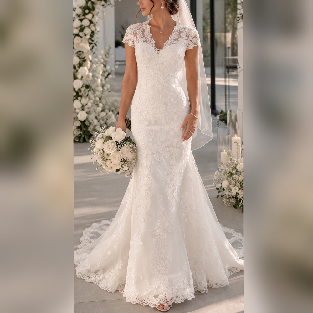 Romantic Lace V-Neck Wedding Dress in White